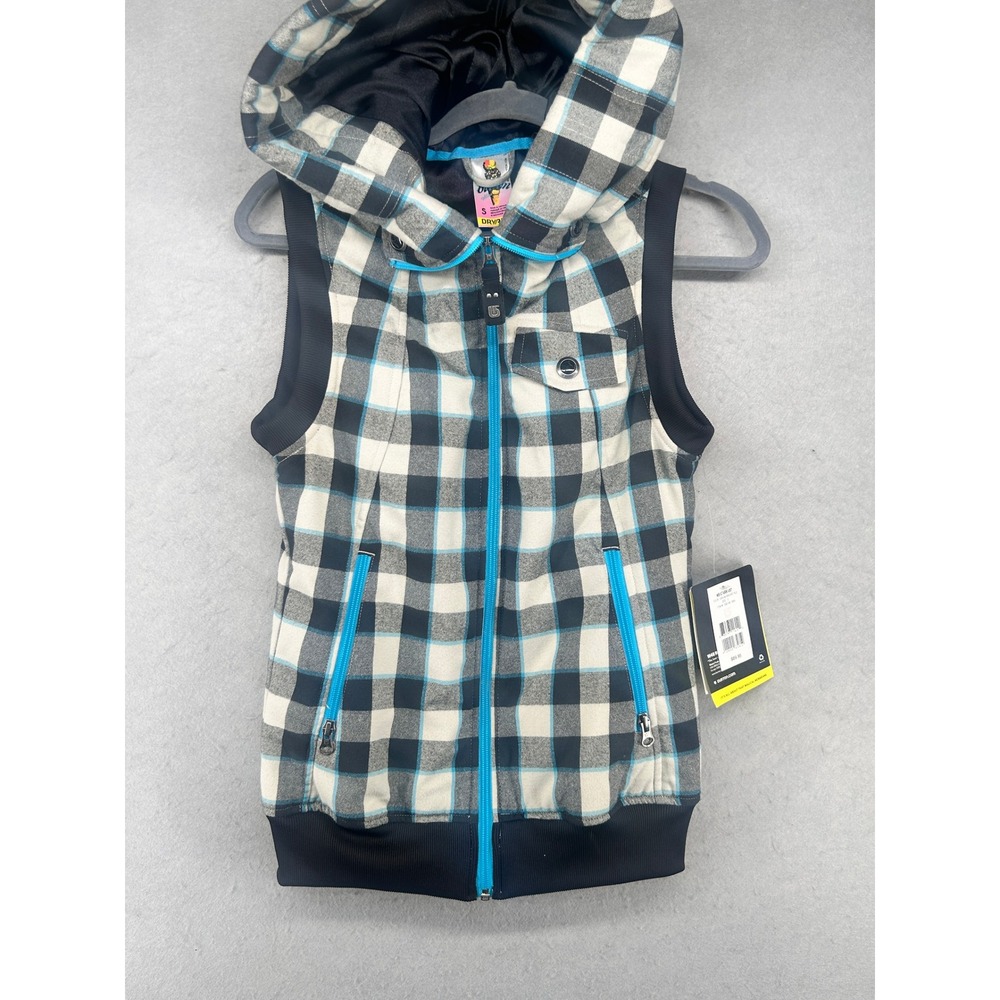 Burton Starr Flannel Vest Womens Small Plaid Hooded Dryride Blue White Black NEW